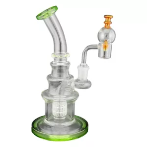 green glass bong with a clear stem and small hole at the top, sitting on a white background.
