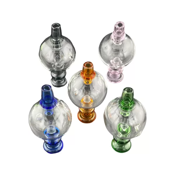 A set of six glass vases in different sizes, shapes, and colors, arranged in a circle on a white background.