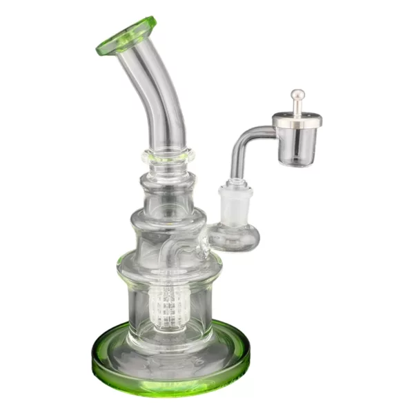 Clear glass bong with green stem and carb cap. Small bowl at top and large bowl at bottom with center hole. Green glass accents on stem and base.