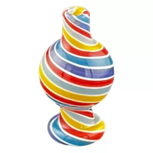 Colorful striped glass vase on white pedestal, base, NN977, Candy Swirl Carb Cap.