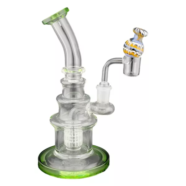 Green glass bong with clear stem and bubble carb cap on a white background.