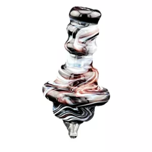 Black, white, and red glass carb cap with spiral design.