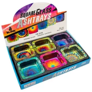 Vibrant tie dye square ashtray with 4 compartments. Bold swirls of pinks, greens, and blues. Perfect for smokers.