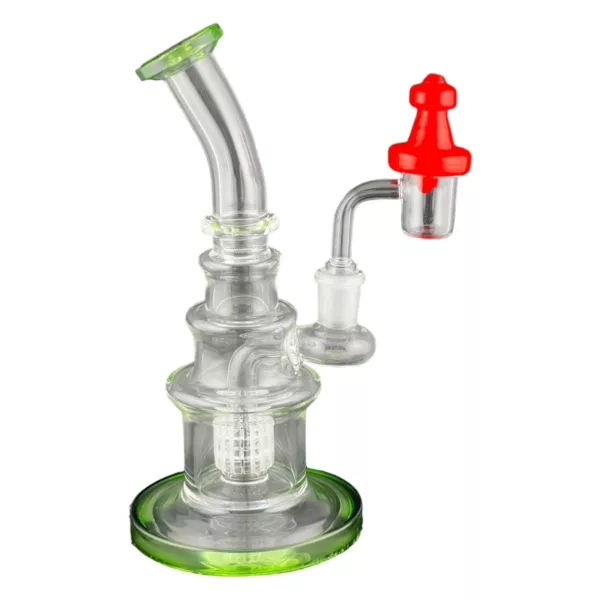 Glass smoking pipe with red carb cap, small hole and button. NN824 model. White background.