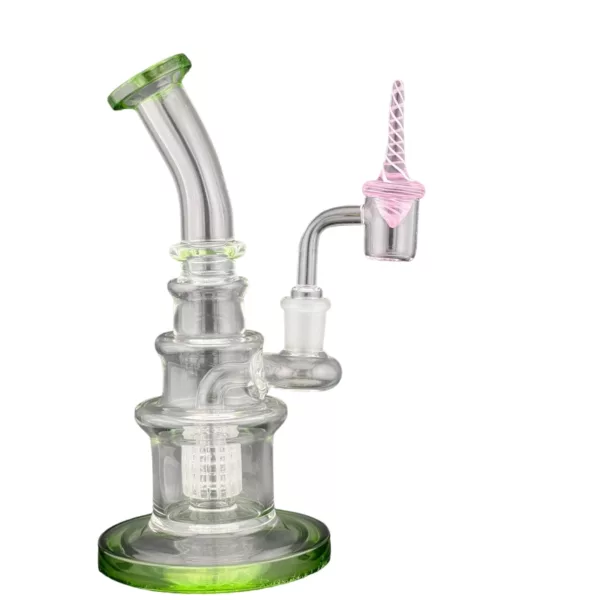 Unique, modern glass bong with unicorn horn top and pink base. Clear body and green stem. Small hole at bottom.