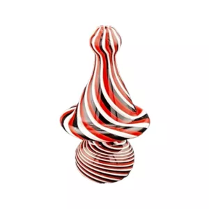 Red and white striped glass tree with curved trunk and spiral branches, pointed top.