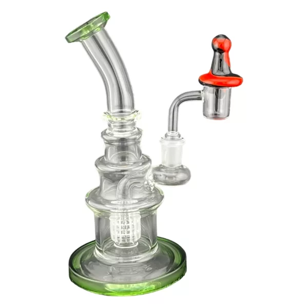 Glass bong with red top and clear bowl shaped like a carp. Downstem attaches to small hole with red ring. Bowl has green specks and small bubbles. Base has small hole. Clear mouthpiece with red dot.