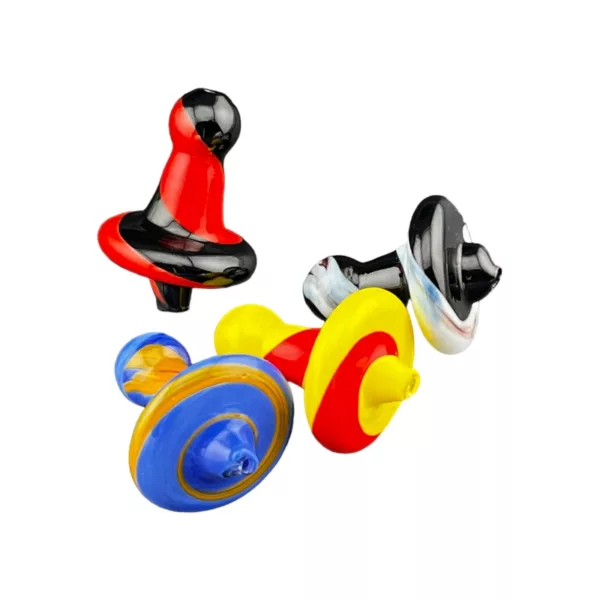 Three vibrant, eye-catching carp caps in yellow, red, blue and white with clear plastic center and small holes. Well-lit and professionally photographed.