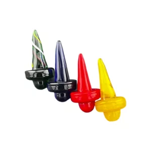 Colorful plastic finger poker carb caps for smoking devices, easy to use and clean with bright yellow, green, purple, red, and black designs.