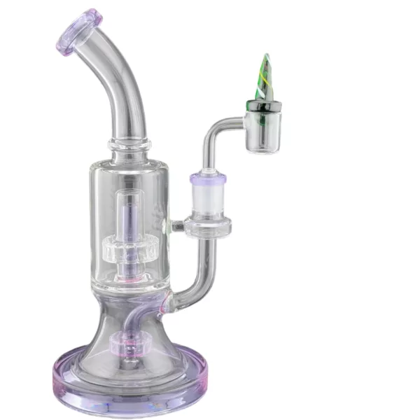 Translucent carb cap for water pipes, with small hole for inhaling smoke/vapor and mouthpiece. Base has water for smooth taste. Purple color visible in center.