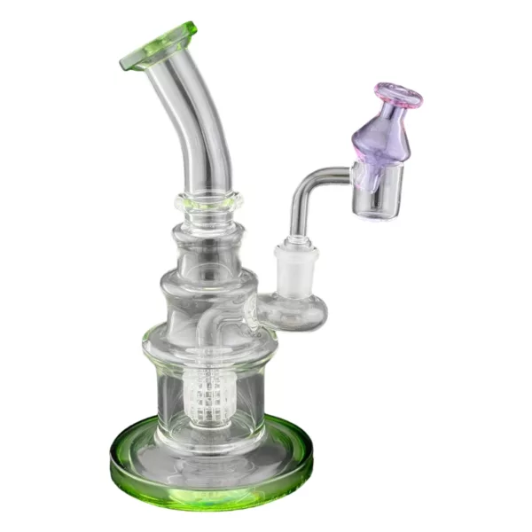 Clear glass bong with purple base and small bowls connected by a clear stem. Unique and eye-catching addition to any smoking collection.
