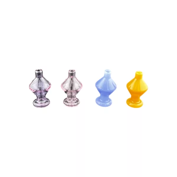 Set of 6 glass vases with air-introducing openings and transparent caps for holding liquid.