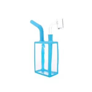 Silicone juice box with transparent lid, blue color, and attached straw. Image is in good condition.