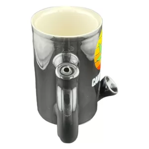 Black mug with white 'Cannaboss' writing, handle, small bowl for tobacco, smoking hole at bottom, clear base.