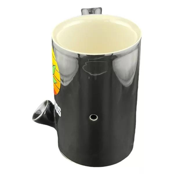 black plastic cup with a yellow and orange design. It has a small hole on the side and a handle on the other side. It is suitable for use in a kitchen or other setting where hot beverages are consumed.