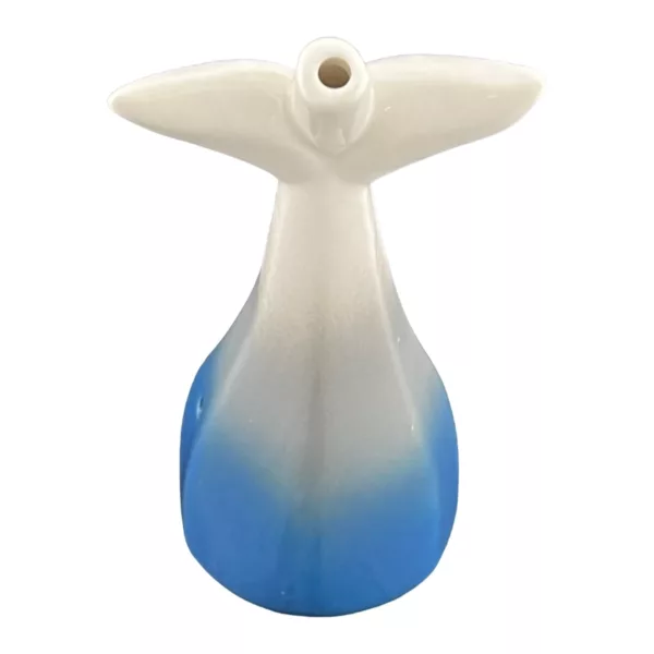 Blue and white ceramic vase with smooth, glossy surface and long, curved handle.