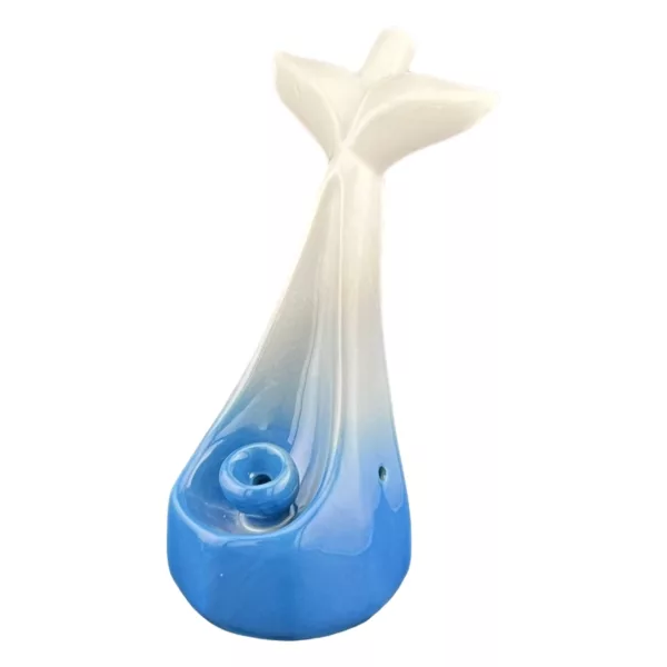 Dolphin Tail Pipe - Blue and white dolphin-shaped pipe with small and large openings, smooth surface, and curved body.