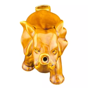 A golden pig statue on a white background, standing on its hind legs with its front legs on the ground.