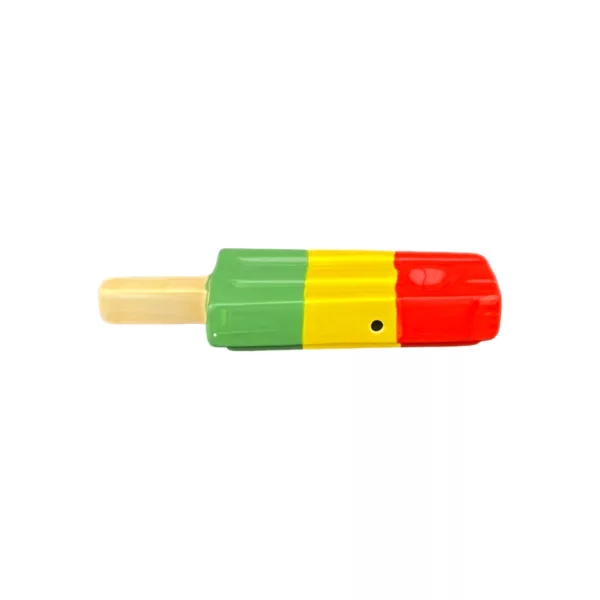 A colorful striped popsicle made of plastic or foam with a pointed end and no writing on the body.