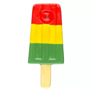 Close-up photo of a colorful ice pop pipe with a tobacco leaf on top, listed on a smoking company website.