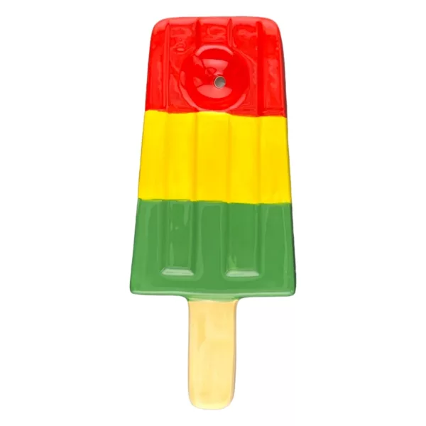 Close-up photo of a colorful ice pop pipe with a tobacco leaf on top, listed on a smoking company website.