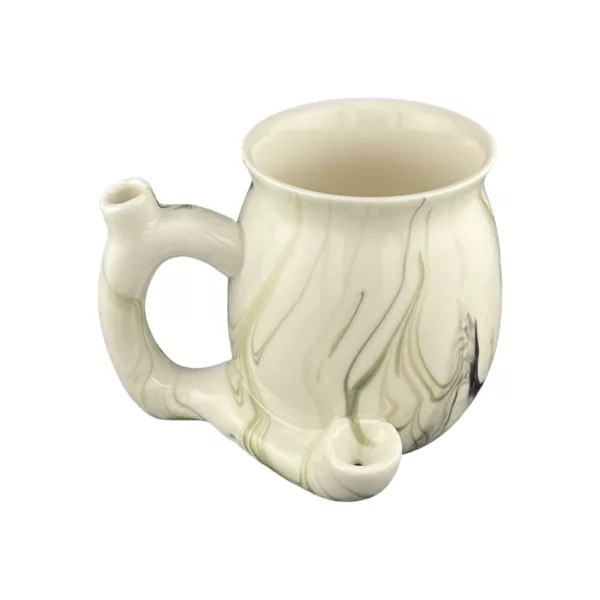 A green marble finish mug with a pipe-shaped handle and a wavy, swirling pattern. It has a smoked appearance and is listed on a smoking company website.