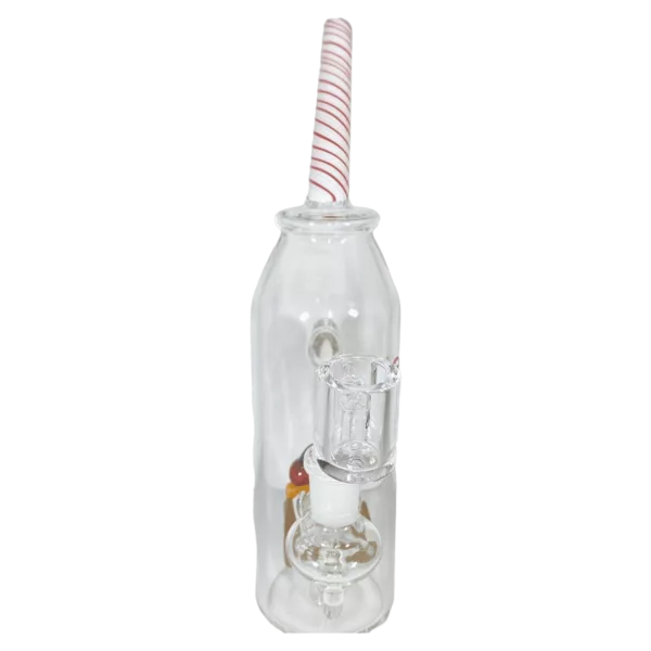 Cherry-flavored soda in a clear glass bottle with a plastic straw, available on CCJLE269.