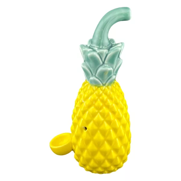 Colorful pineapple-shaped novelty pipe with small bowl and round shape. Wide base tapers to tip. Perfect for a fun smoke.