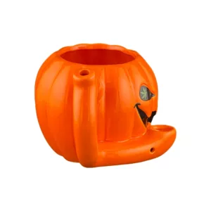 A pumpkin-shaped mug for smoking, with a wide base and narrow top, painted in pumpkin colors and featuring a smiling pumpkin face with a carved-out mouth.