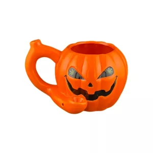 Orange pumpkin-shaped mug with a smiley face handle, perfect for roasting and sipping.
