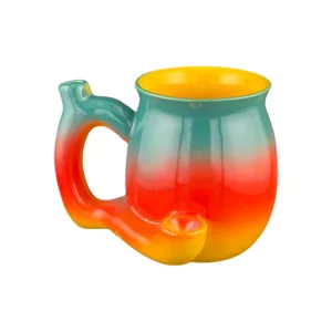 Colorful mug with handle shaped like a pipe, sitting on white background. Perfect for coffee or tea.