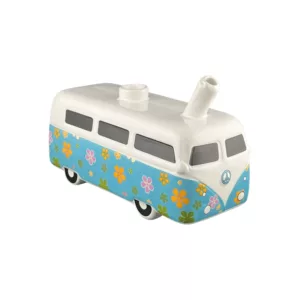 Vintage VW bus-shaped ceramic pipe with colorful floral patterns and wooden handle. Perfect for smoking tobacco or herbs.