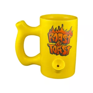 Yellow mug with 'Roast & Toast' graffiti design, perfect for hot drinks and a unique gift.