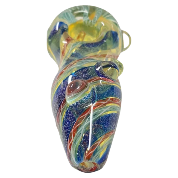 Colorful glass sculpture with abstract design, smooth surface, and vibrant color scheme. Perfect for decoration and functional use.