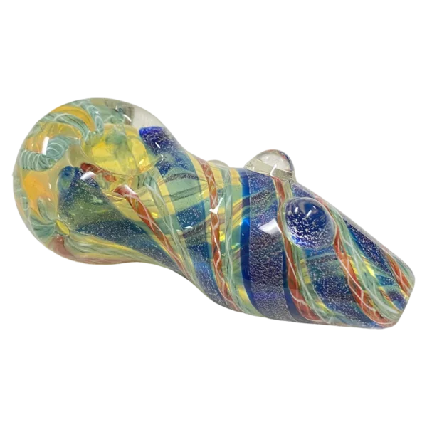 decorative glass pipe with a swirling blue, yellow, and red design. It is functional and can be used for smoking tobacco or other substances.