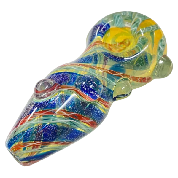 handmade glass pipe with a colorful, swirling design on a rough, textured surface. It has a round, cylindrical shape and sits on a white background.