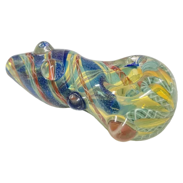 Beautiful glass art in a rainbow swirl design, made with clear glass and featuring blue, green, yellow, and purple colors. Symmetrical and smooth surface.