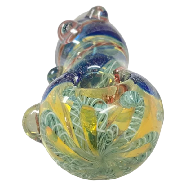Handcrafted turtle-shaped glass bubbler with colorful base and top, intricate design.