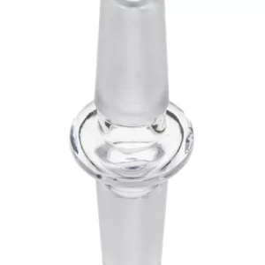 Clear glass smoke adapter with circular base and smooth surface. Single unit with no visible attachments or imperfections.