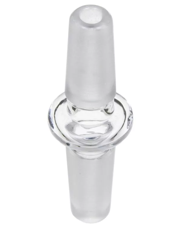 Clear glass smoke adapter with circular base and smooth surface. Single unit with no visible attachments or imperfections.