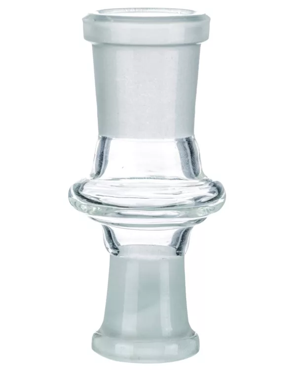 Clear glass vase with white base, sitting on white background.