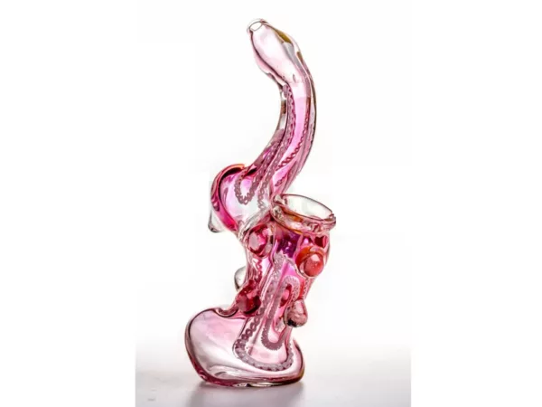 Pink glass sculpture of a woman with a large, curved, clear glass vagina. Mounted on white background. Perfect for smoking.