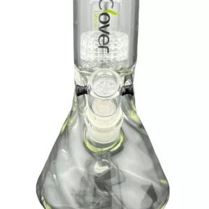 Clear glass smoking pipe with large bowl, water filtration holes, and curved base. Screen has small holes and clear stem with knob for holding.