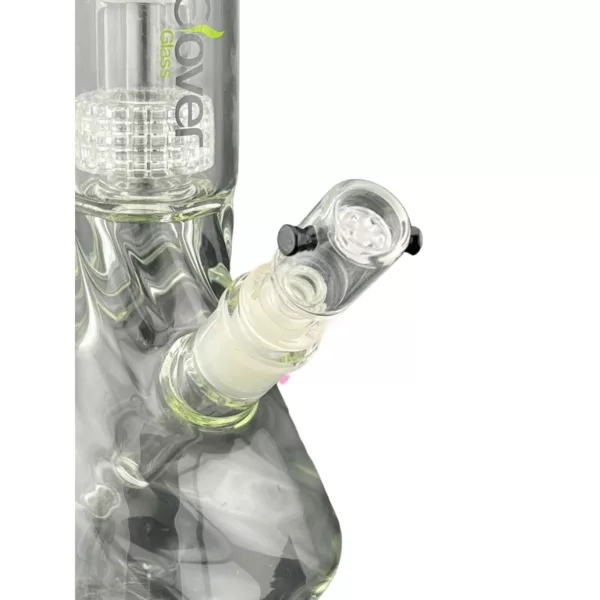 Clear glass bong with small and large holes, long curved stem, round base, and white background.