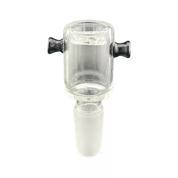 Clear glass pipe with octagonal screen and black metal rods. Attached to white stand with circular base and rectangular body. NN146914M.