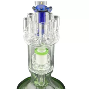 A colorful, glass marijuana smoking device with a clear base and five pieces of glass in different shades of blue, green, purple, yellow, and red.