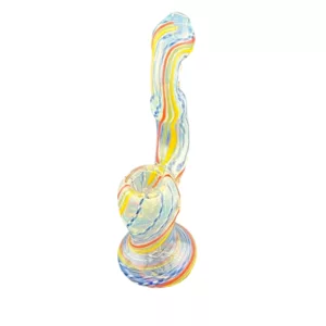 Colorful, swirling glass pipe with a curved mouthpiece. Made of clear glass and standing on a white background. VSXY13.