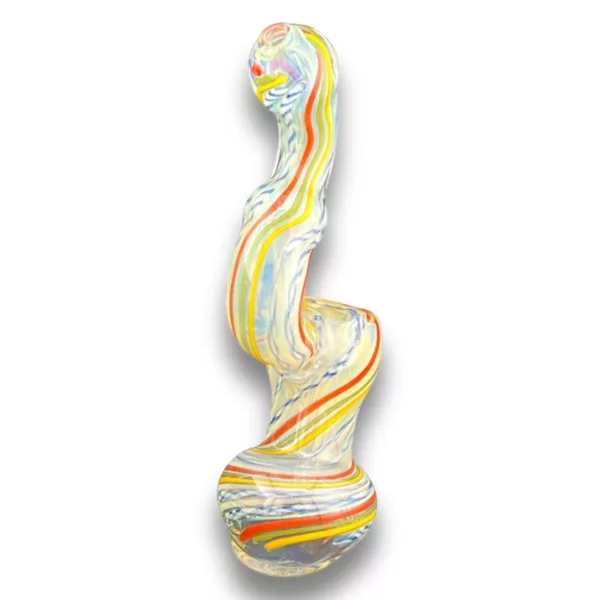 A colorful, abstract glass sculpture in the shape of a swirling spiral, with a vibrant, fluid design that conveys a sense of movement and energy.