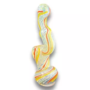 A glass sculpture of a woman's torso with a swirling pattern of yellow, red, and blue on a white background. VSXY13 Dotted Spiral.