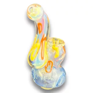 A colorful, curved glass pipe with a unique swirling design and small bowl and stem.